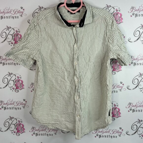 French Connection tshirt tee Striped Gray beige Button Down Shirt black - Picture 1 of 11
